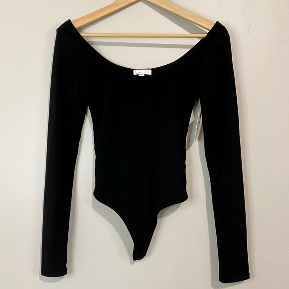 Leith Tops - Leith Women’s Ballerina Double Scoop Neck Long Sleeve Bodysuit Black Size L NWT